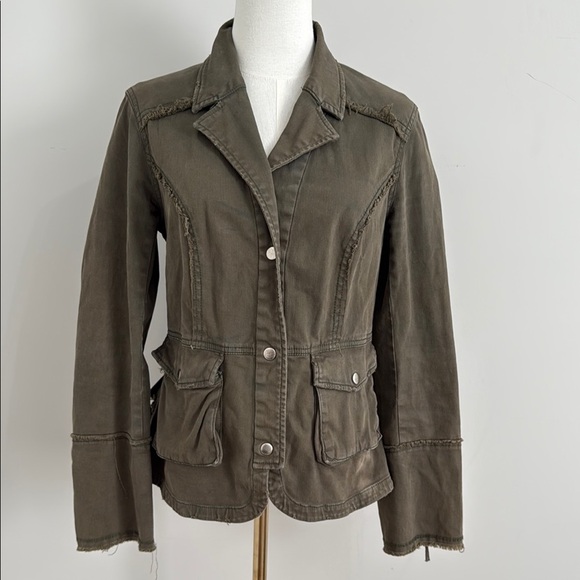 Free People Size S Army Jacket Green Utility Jacket with Classic Collar Ruffles - Picture 1 of 15